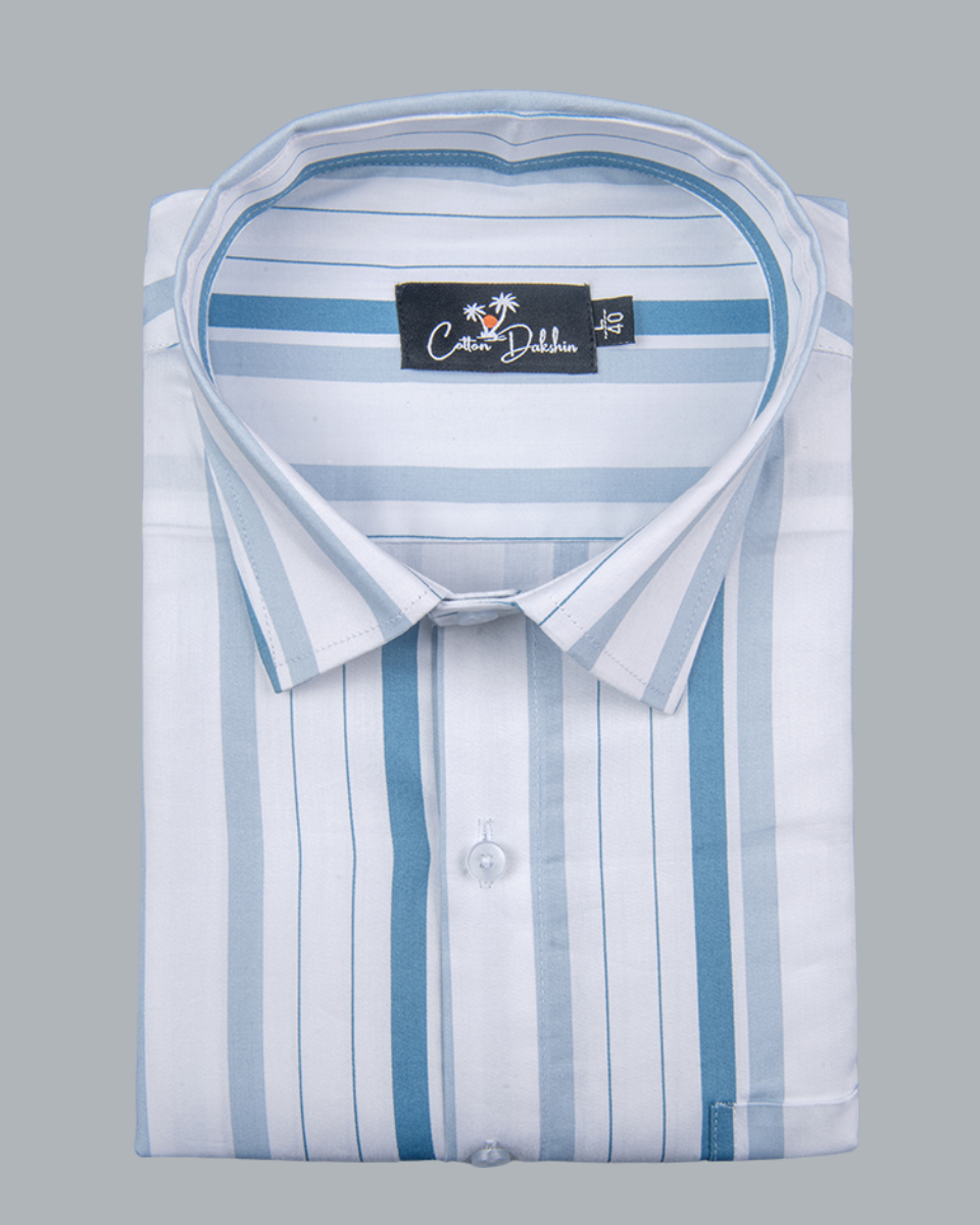 Cotton White with Sky Blue Patta Print Shirts for Men