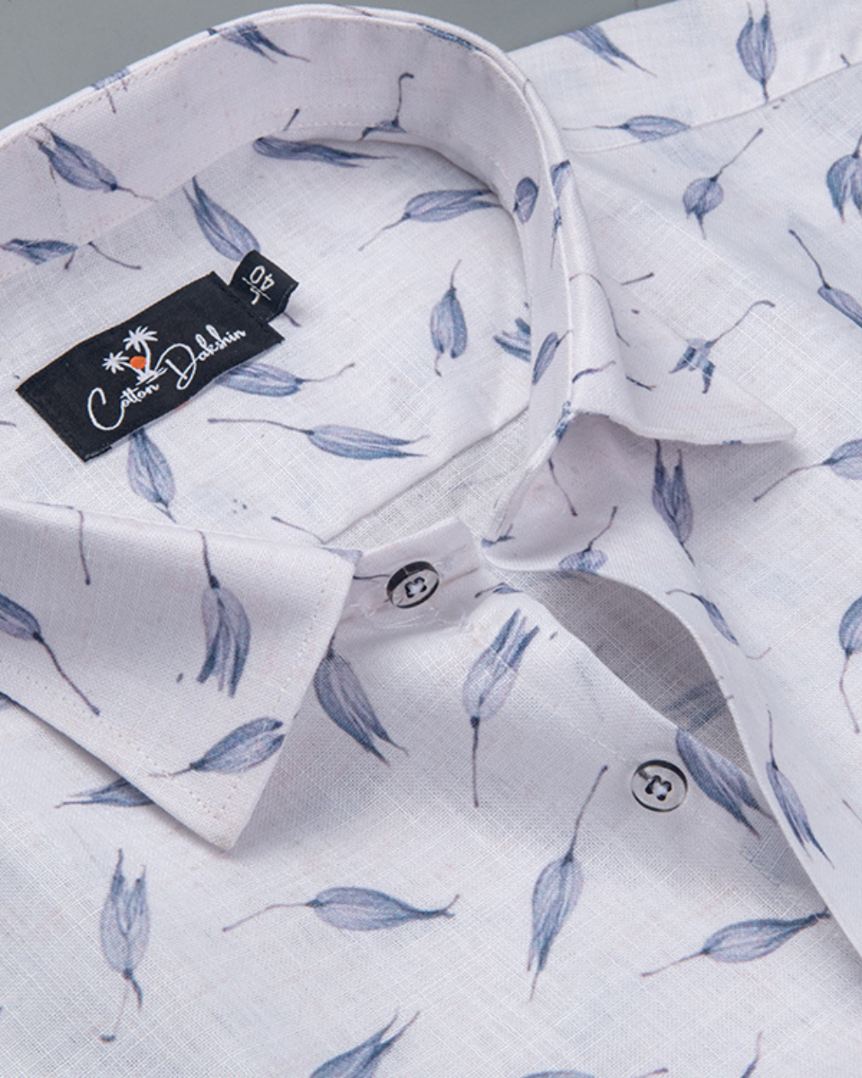 New Italian Linen White with Grey Leaf Printed Shirts for Men