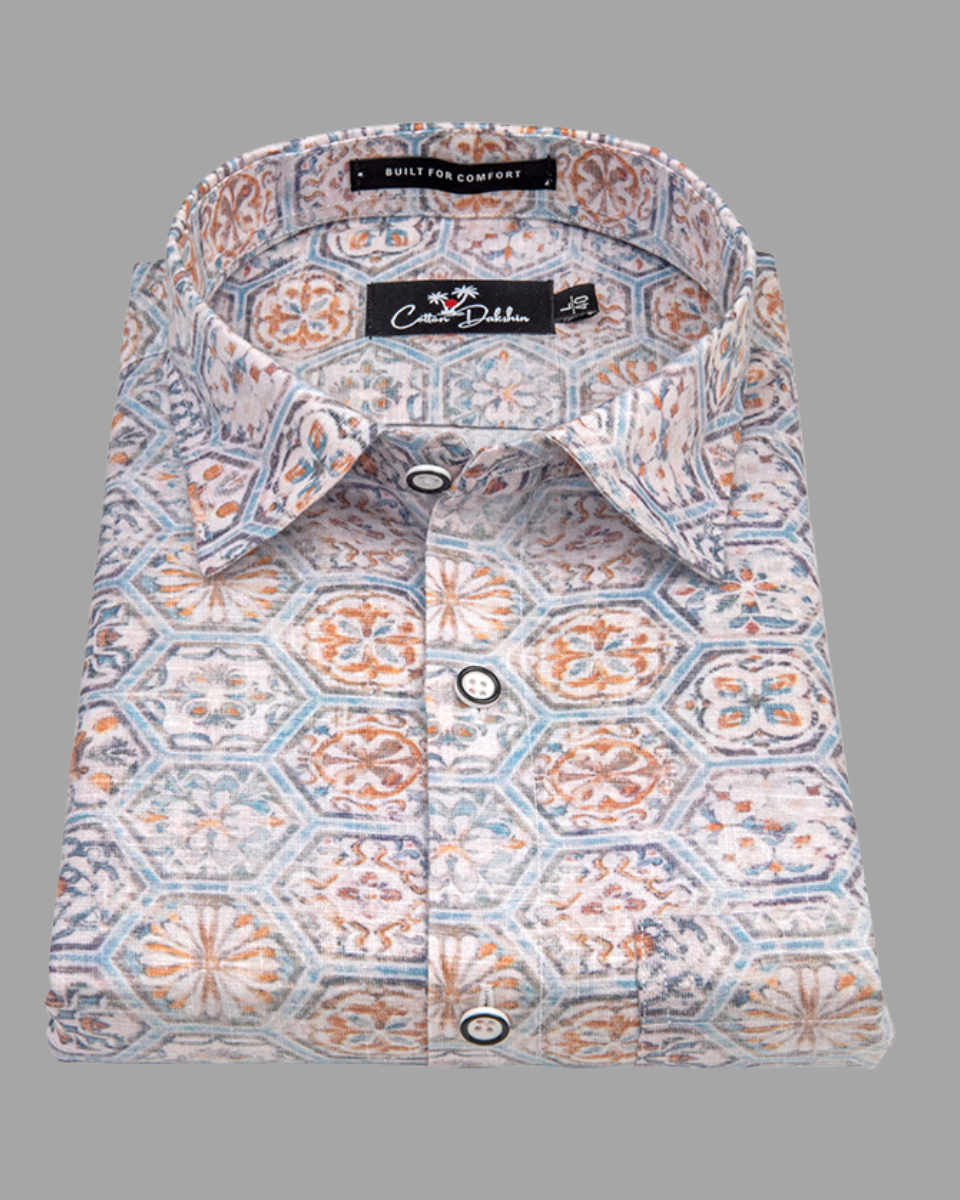 Italian Linen Gray With Hexagon Print Shirts