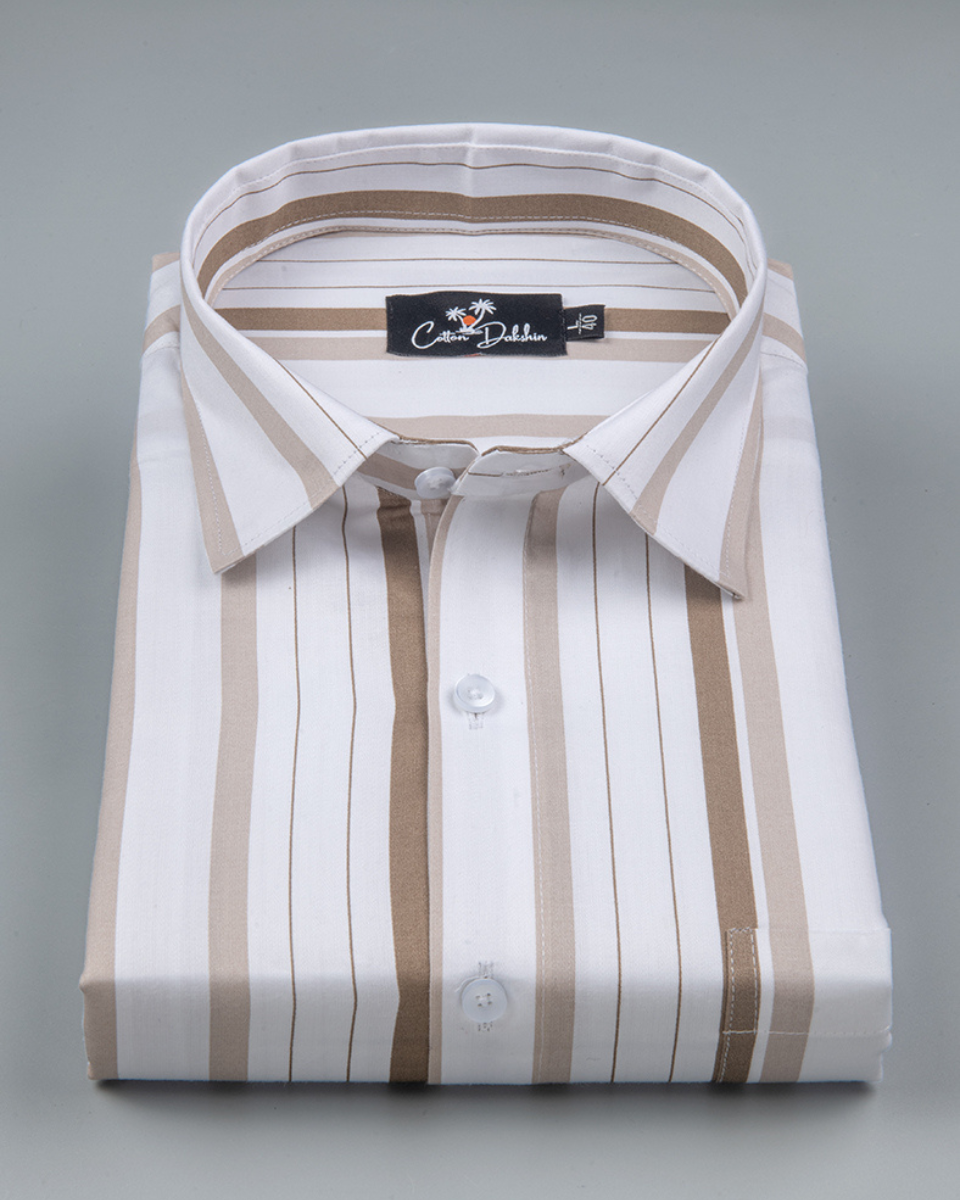 Cotton White with Brown Patta Print Shirts for Men