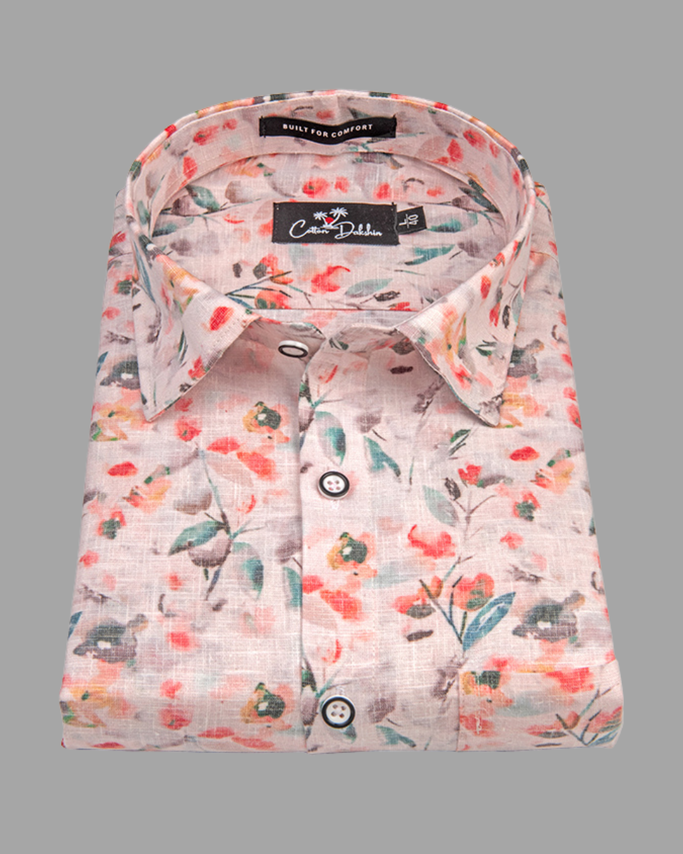 Italian Linen Light Orange With Rama Red Flower Print Shirts