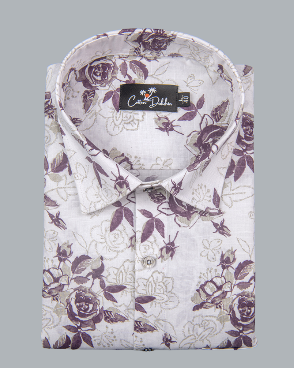 Gloster Linen White with Wine Flower Print Shirts for Men