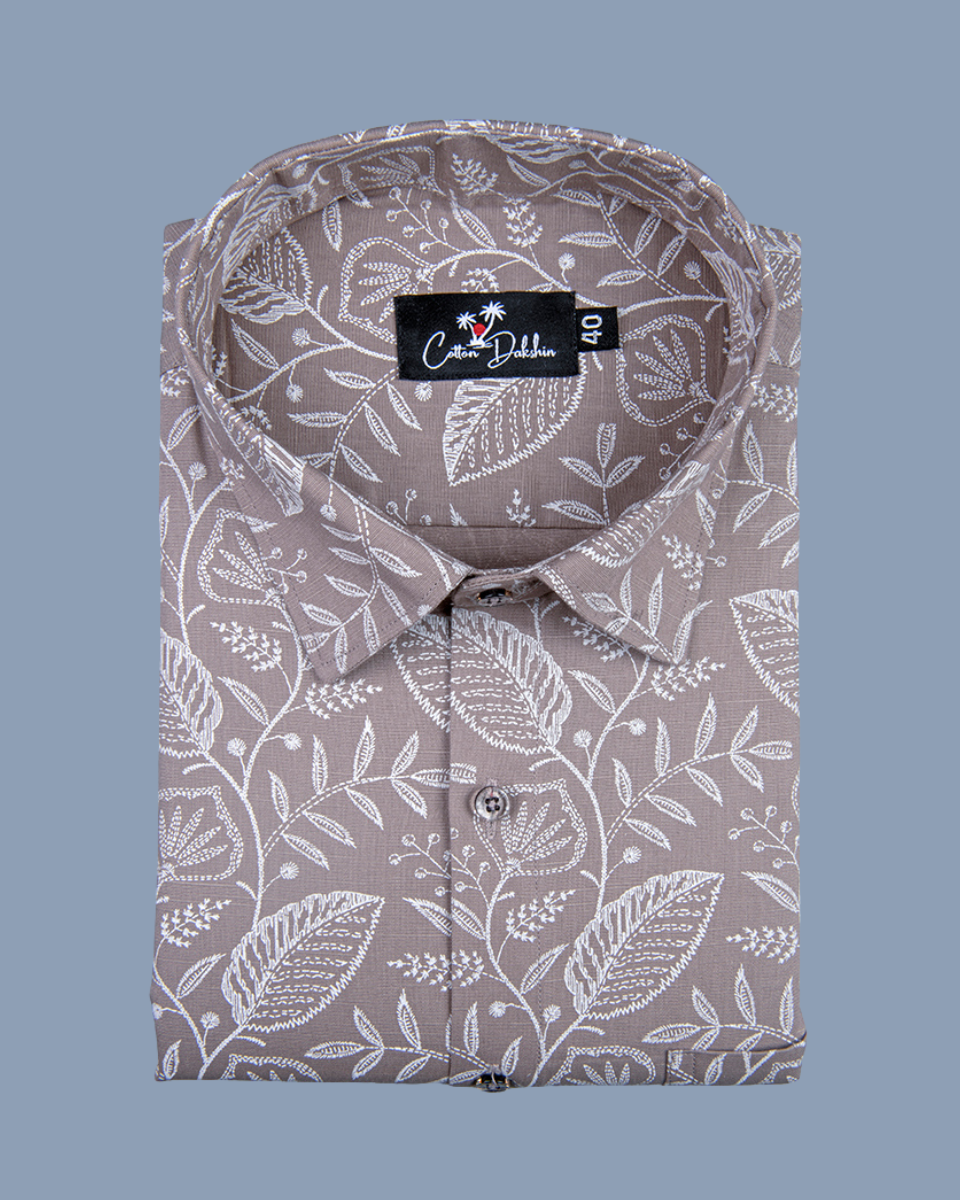 Linen Marrun with White flower Print Shirts for Men
