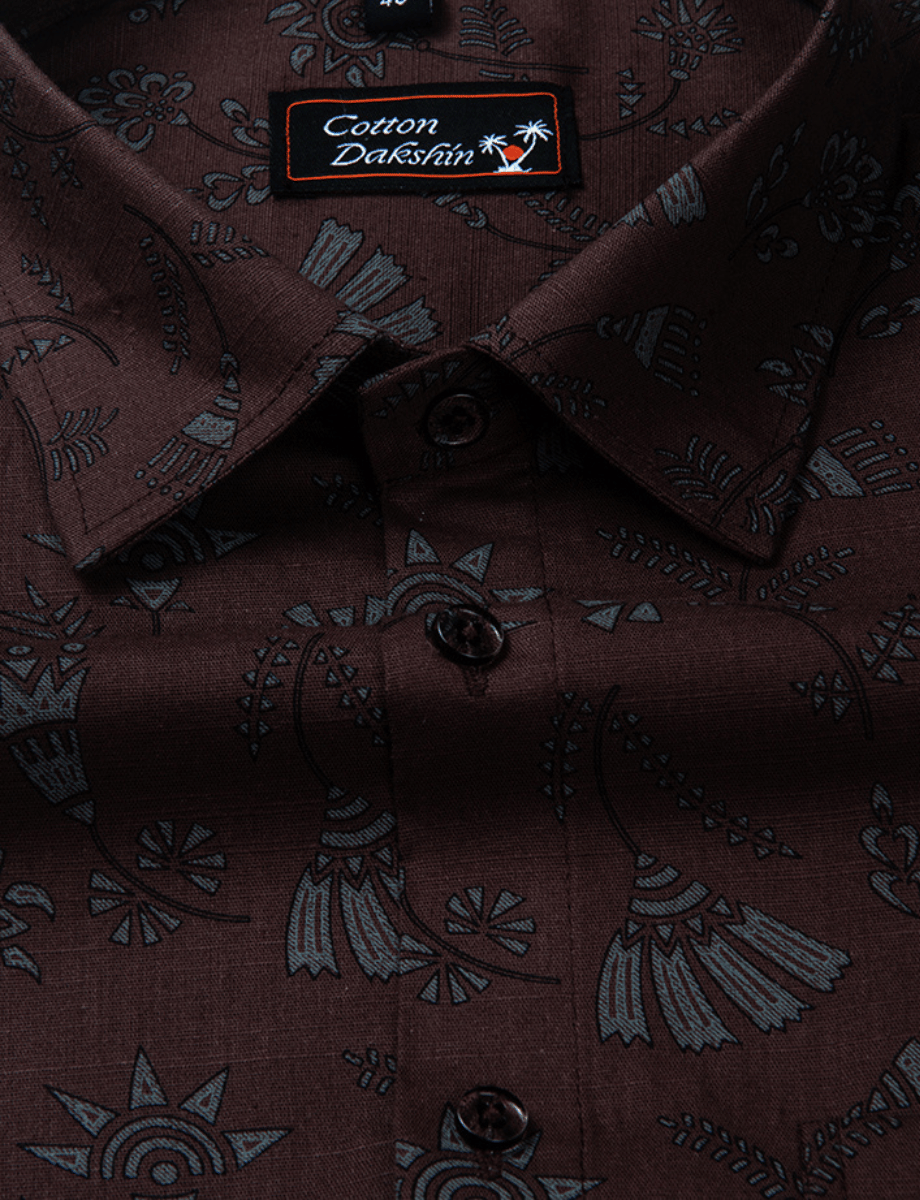 Cotton Printed Marrun with Gray Flower Shirts for Men