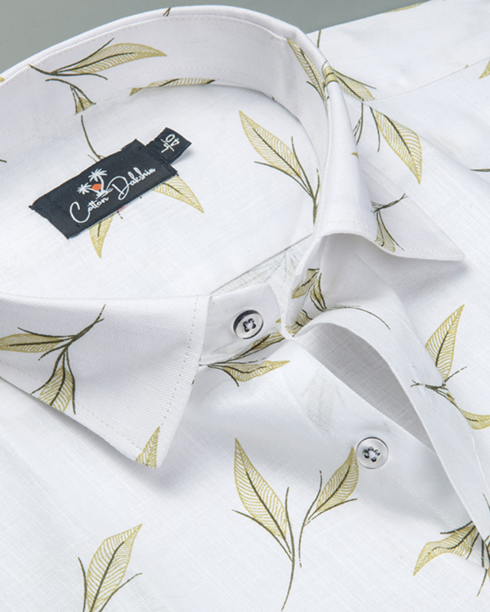 Turkey Linen White with Mahendi Leaf Printed Shirts for Men