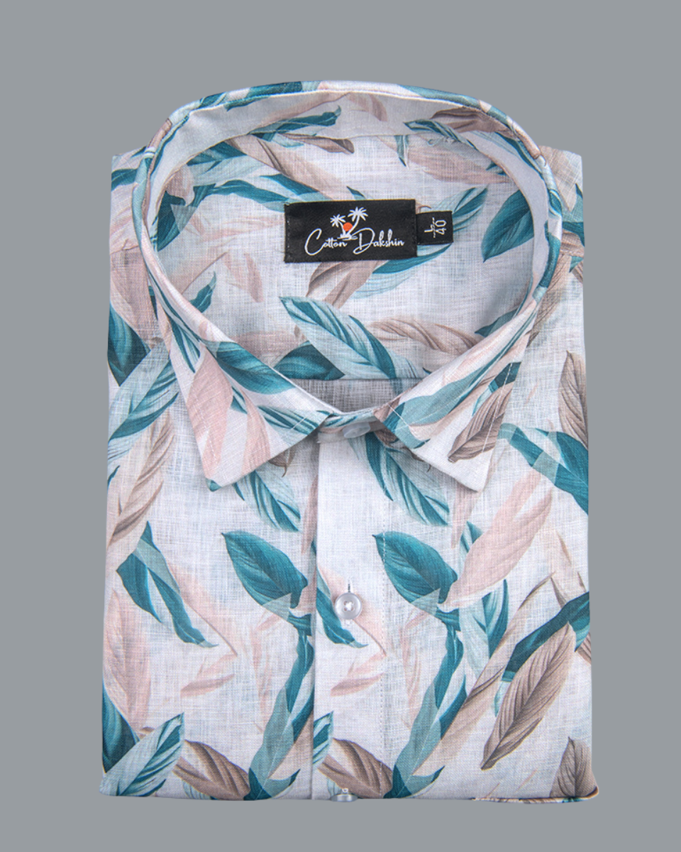 Belgium Linen Cream with Big Rama Leaf Print Shirts for Men
