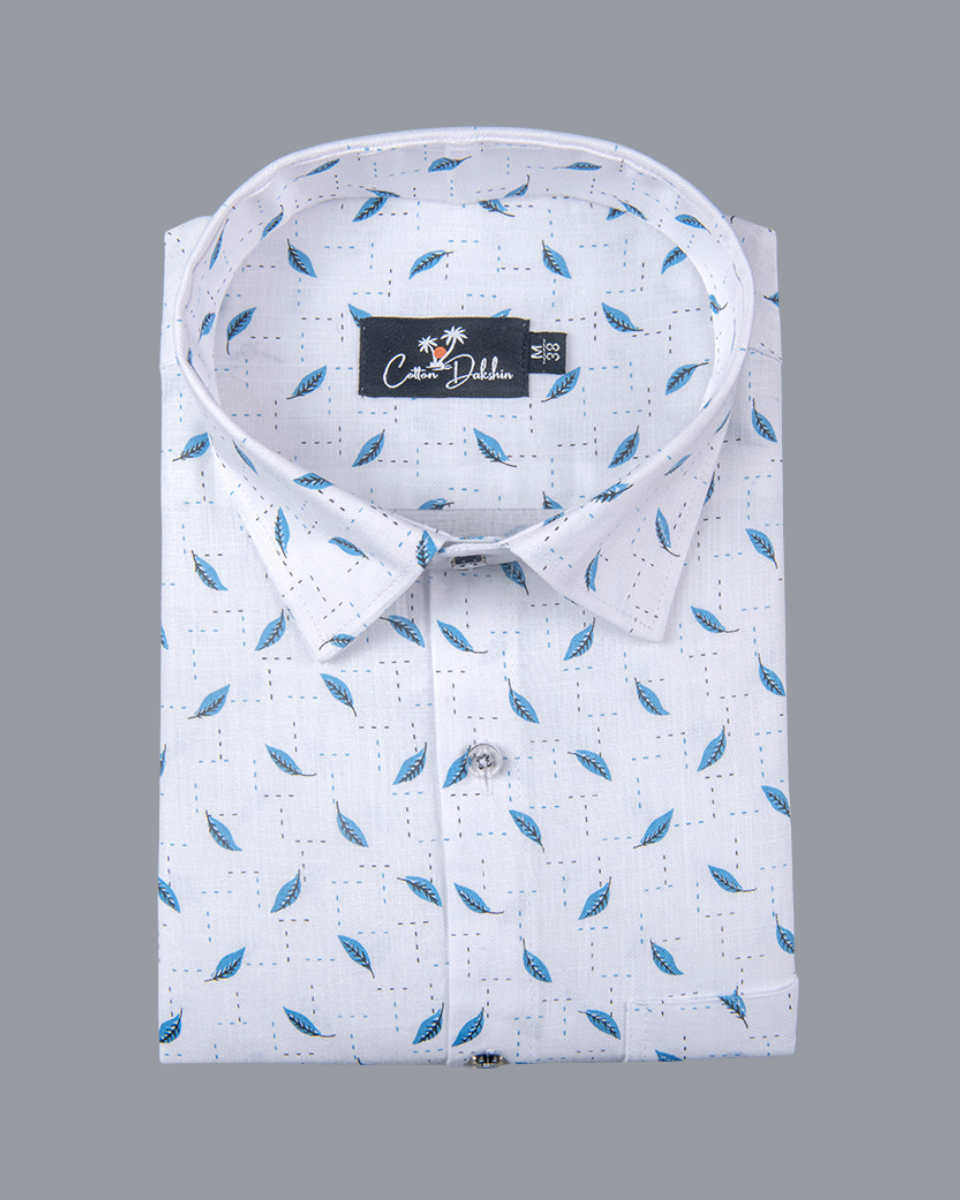 Turkey Linen White with Blue Blend Print Shirts for Men