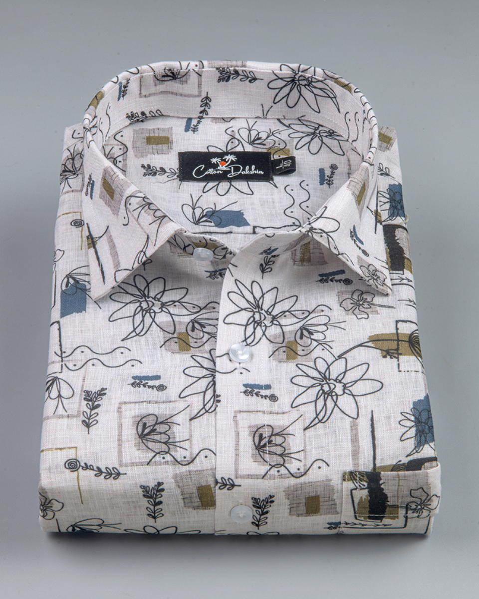 Belgium Linen Mehndi Black Print Shirts for Men