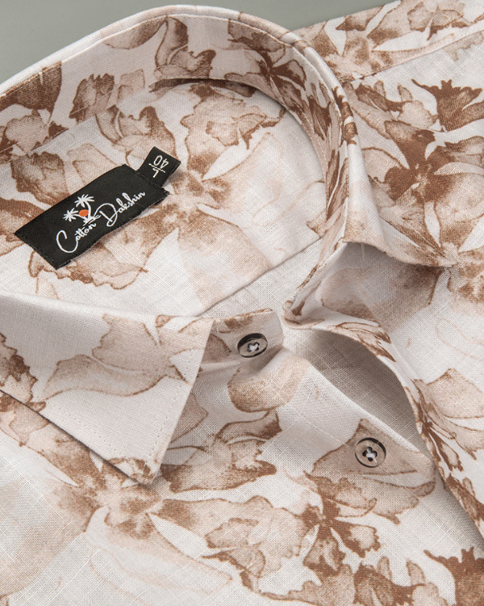 New Italian Linen White Marrun Flower Print Shirts for Men
