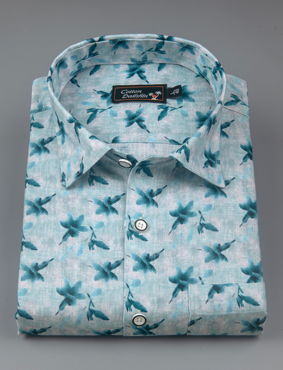 Linen Prime Light Blue with Dark Blue Flower Print Shirts for Men