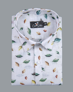 Belgium Linen White with Rama Brown Leaf Print Shirts for Men