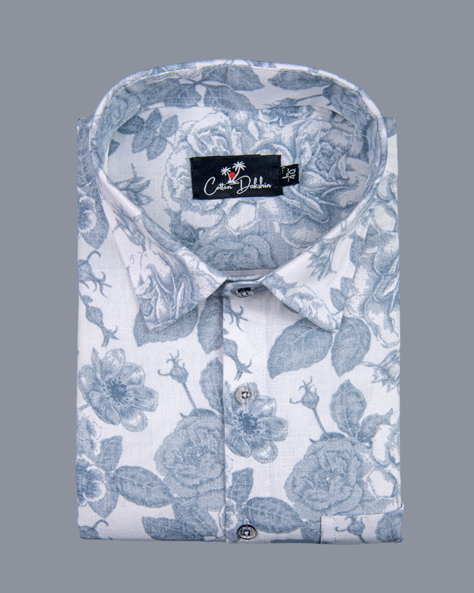 Linen White with Large Sky flower Print Shirts for Men