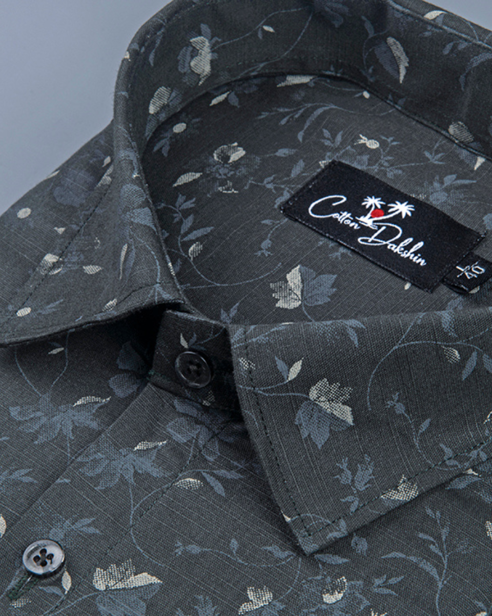 Linen Black with Cream Flower Print Shirt for Men