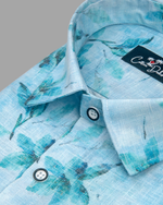 Italian Linen Sky Blue With Dark Blue Print Shirts