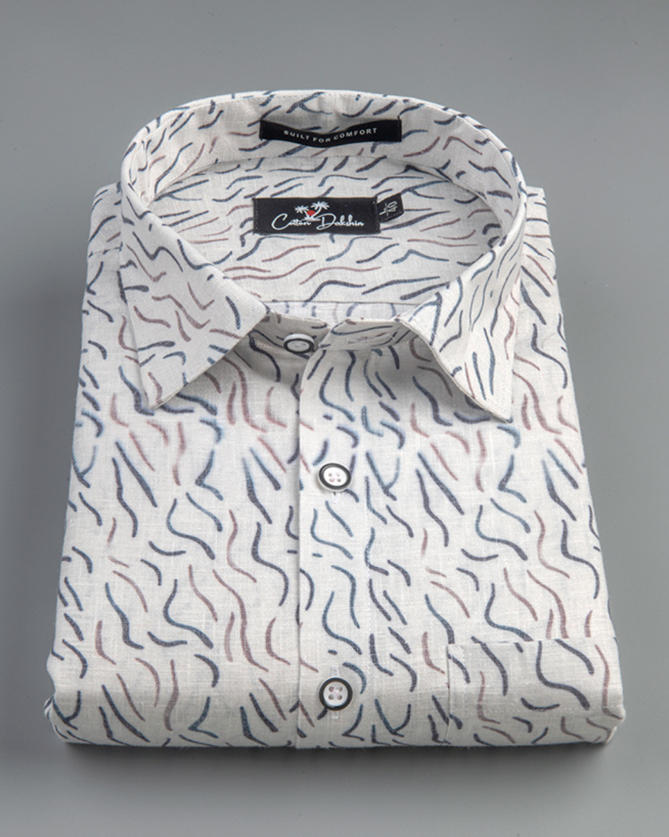 Italian Linen Cream With Brown Grey Sparkle Print Shirts