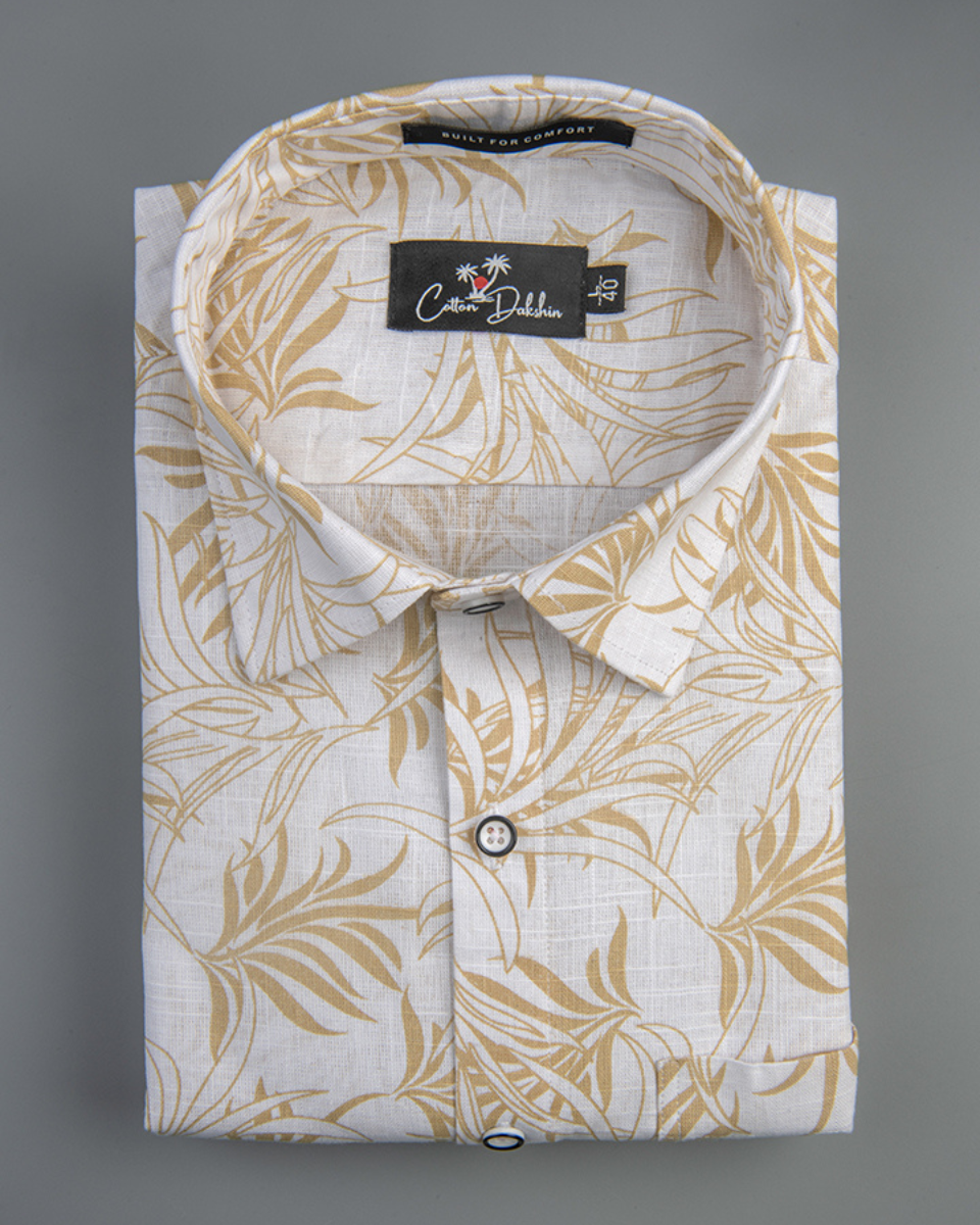 Linen White With Yellow Flowet Print Shirts