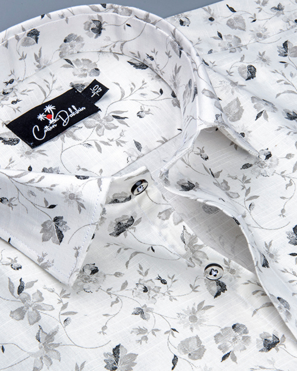 Linen Cream with Black Flower Print Shirt for Men