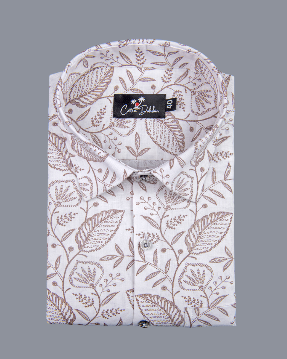 New Linen White with Marrun flower Print Shirts for Men
