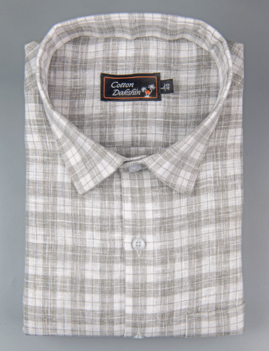 Linen White with Gray Checks Shirts for Men