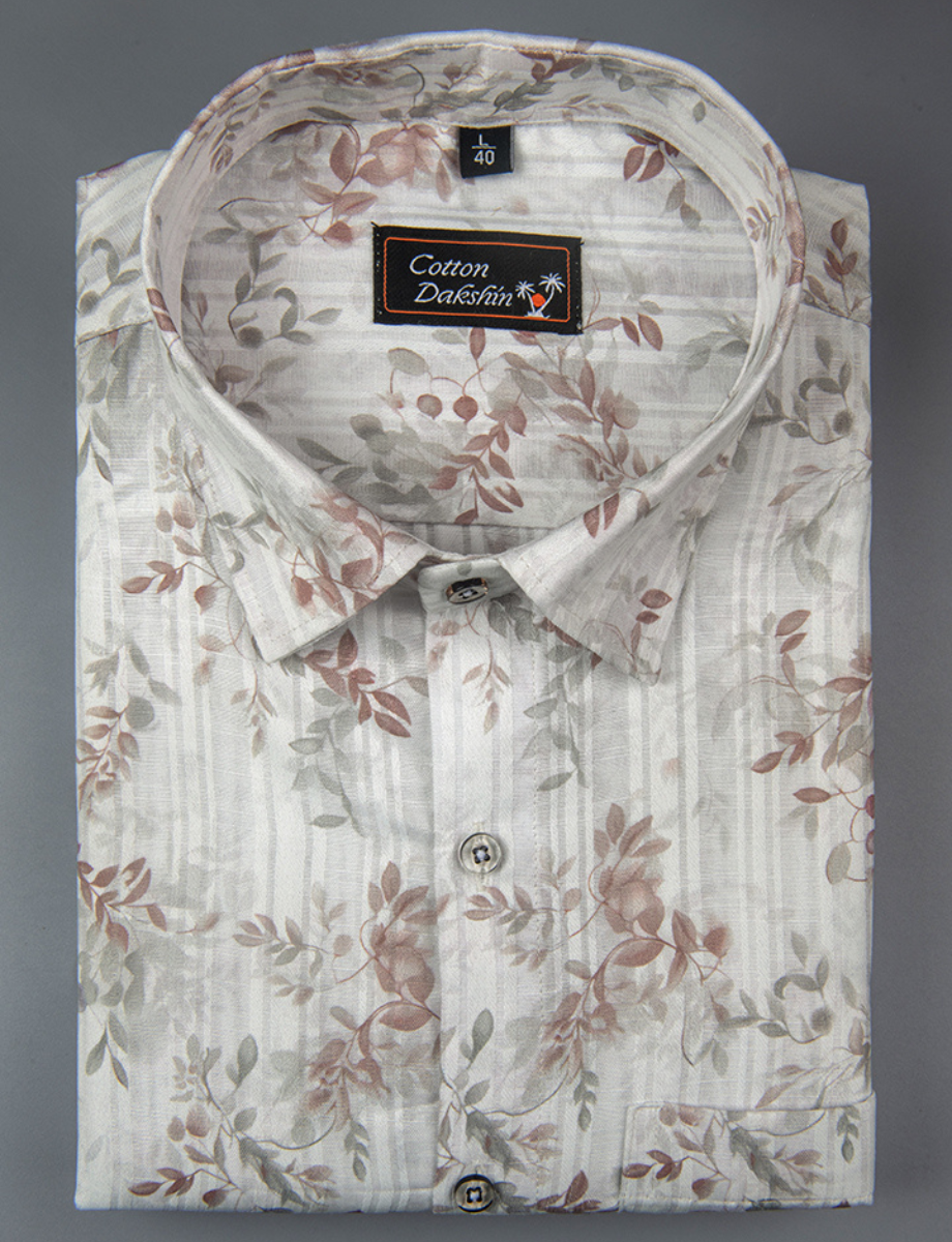 Cotton Printed White with Marrun Leaf Print Shirts for Men