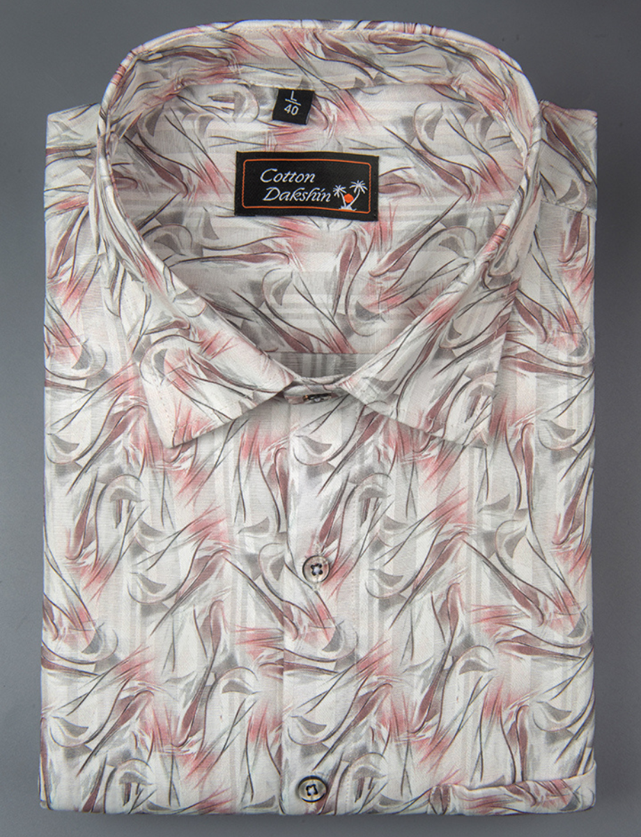 Cotton Printed White with Red Gray Mix Zickzack Print Shirts for Men
