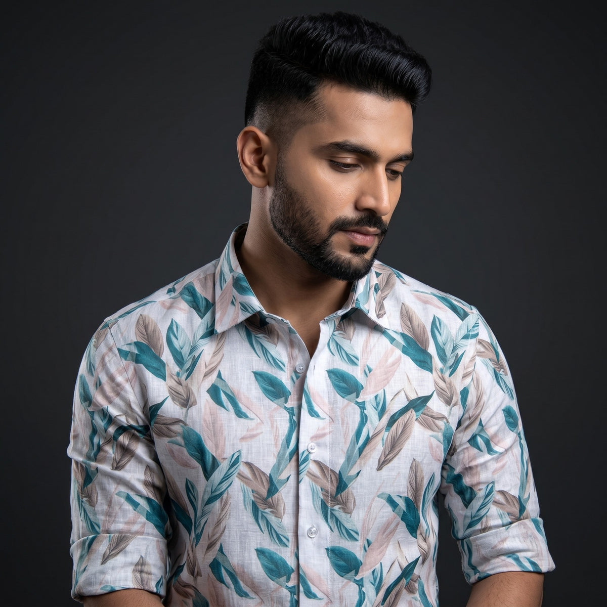 Digital Linen Cream with Big Rama Leaf Print Shirts for Men