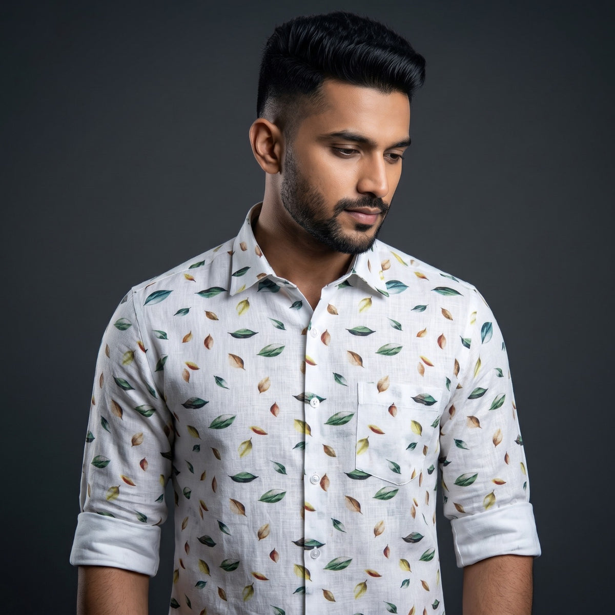 Digital Linen White with Rama Brown Leaf Print Shirts for Men