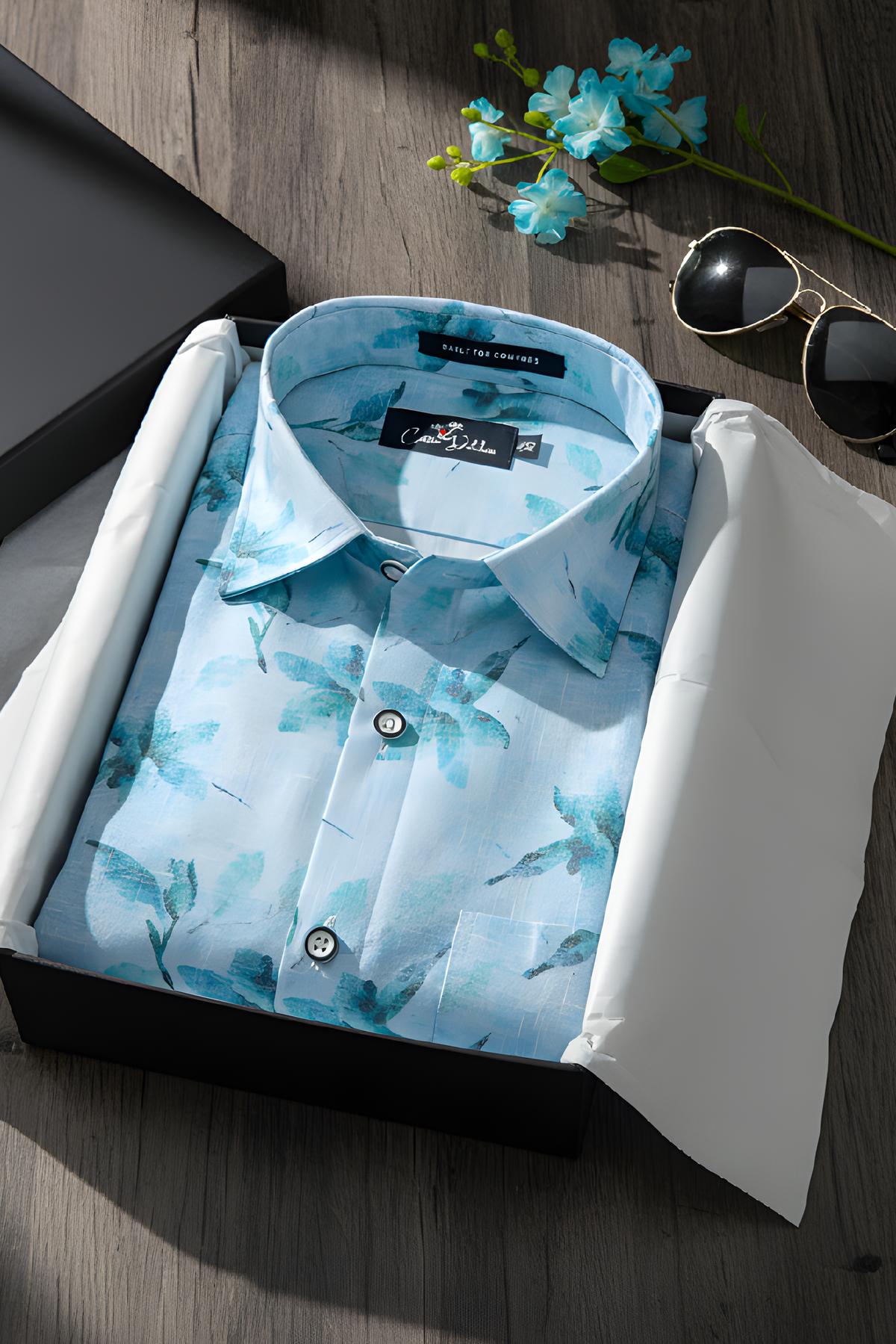 Italian Linen Sky Blue With Dark Blue Print Shirts