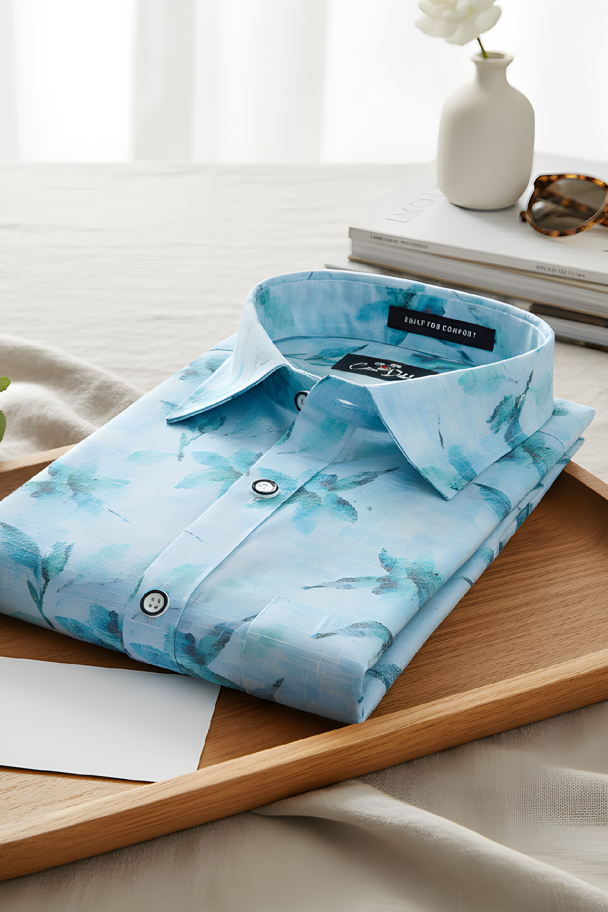Italian Linen Sky Blue With Dark Blue Print Shirts