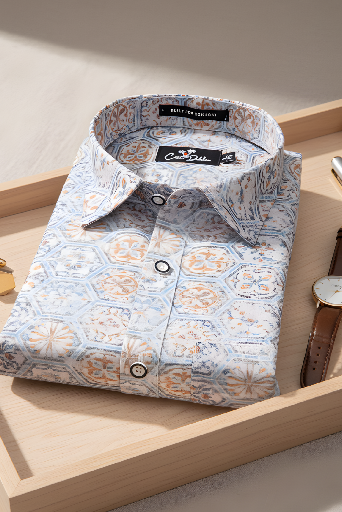 Italian Linen Gray With Hexagon Print Shirts