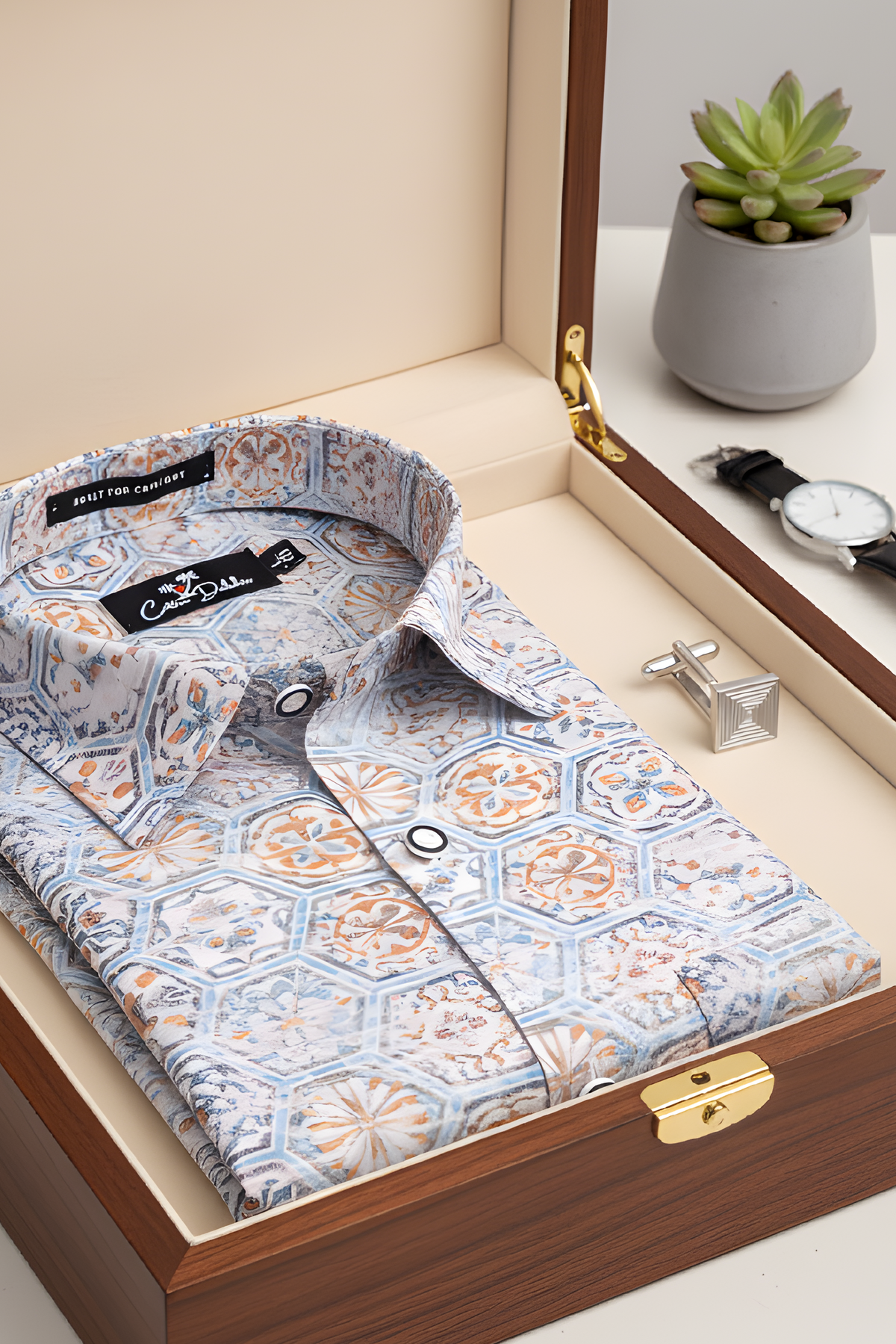 Italian Linen Gray With Hexagon Print Shirts