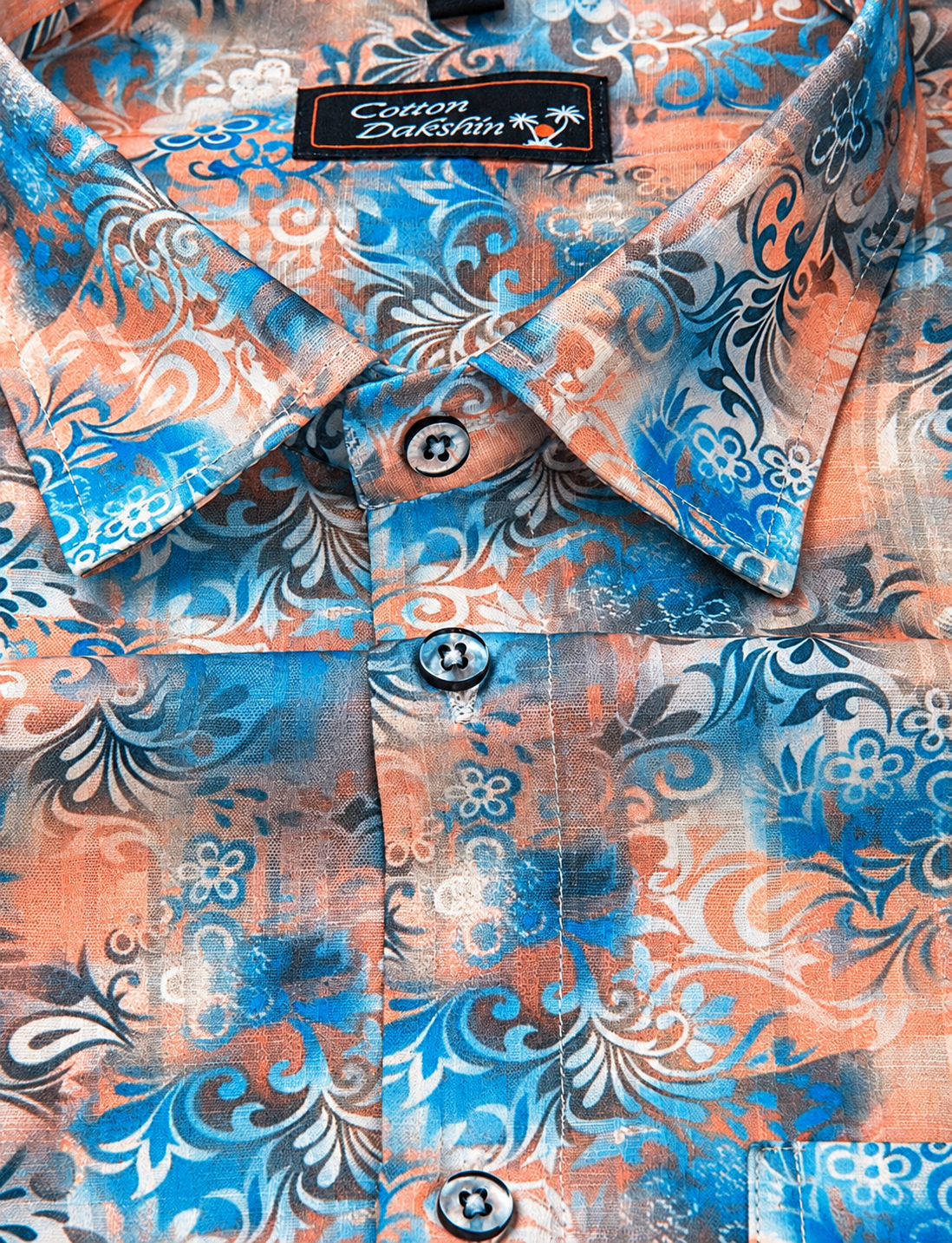 Cotton Printed Blue with Orange Mix Print Shirts for Men