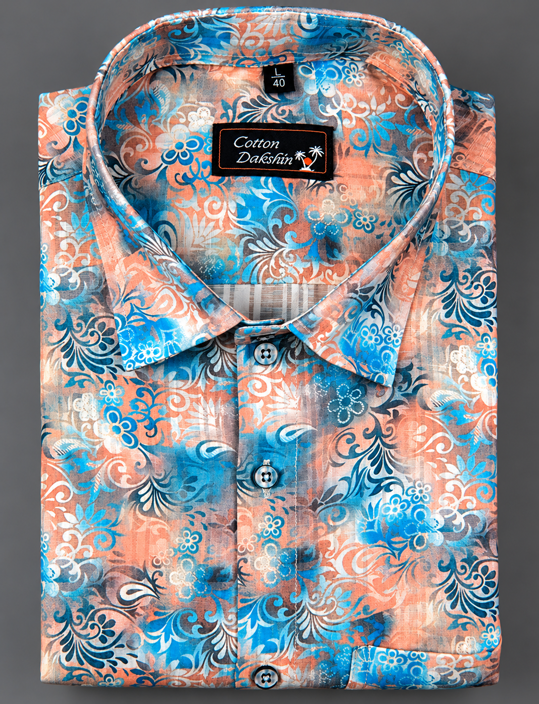 Cotton Printed Blue with Orange Mix Print Shirts for Men