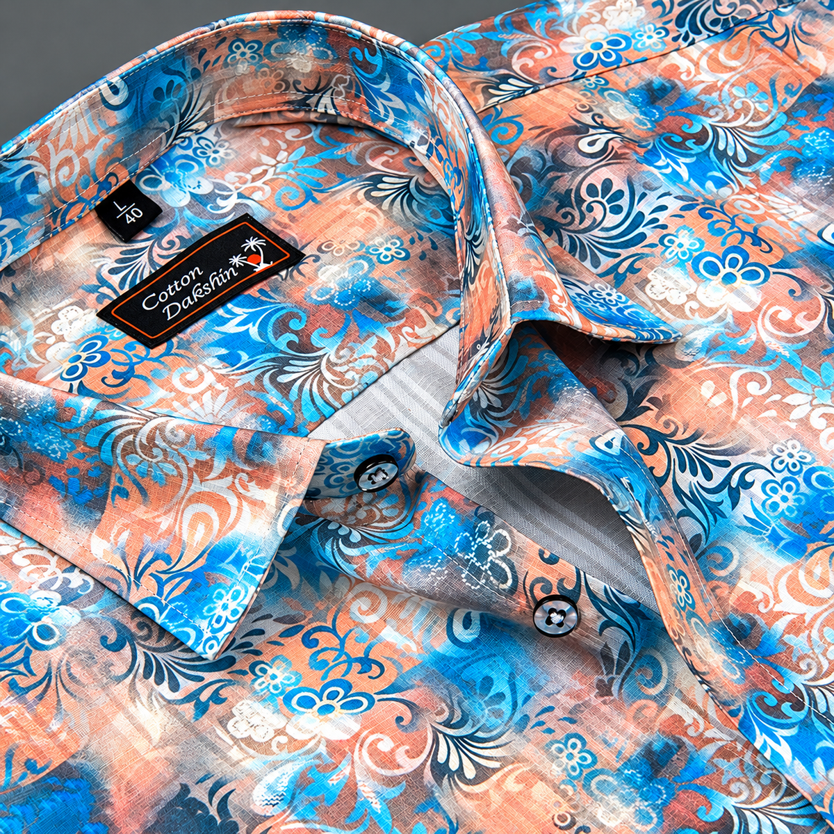 Cotton Printed Blue with Orange Mix Print Shirts for Men