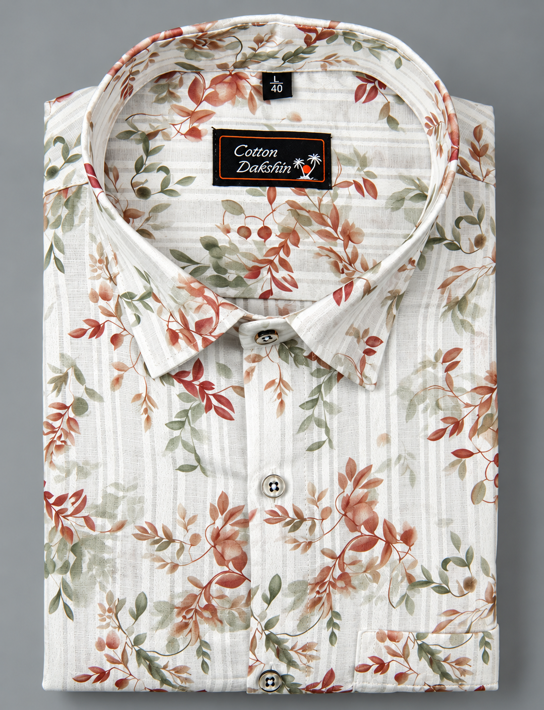 Cotton Printed White with Marrun Leaf Print Shirts for Men