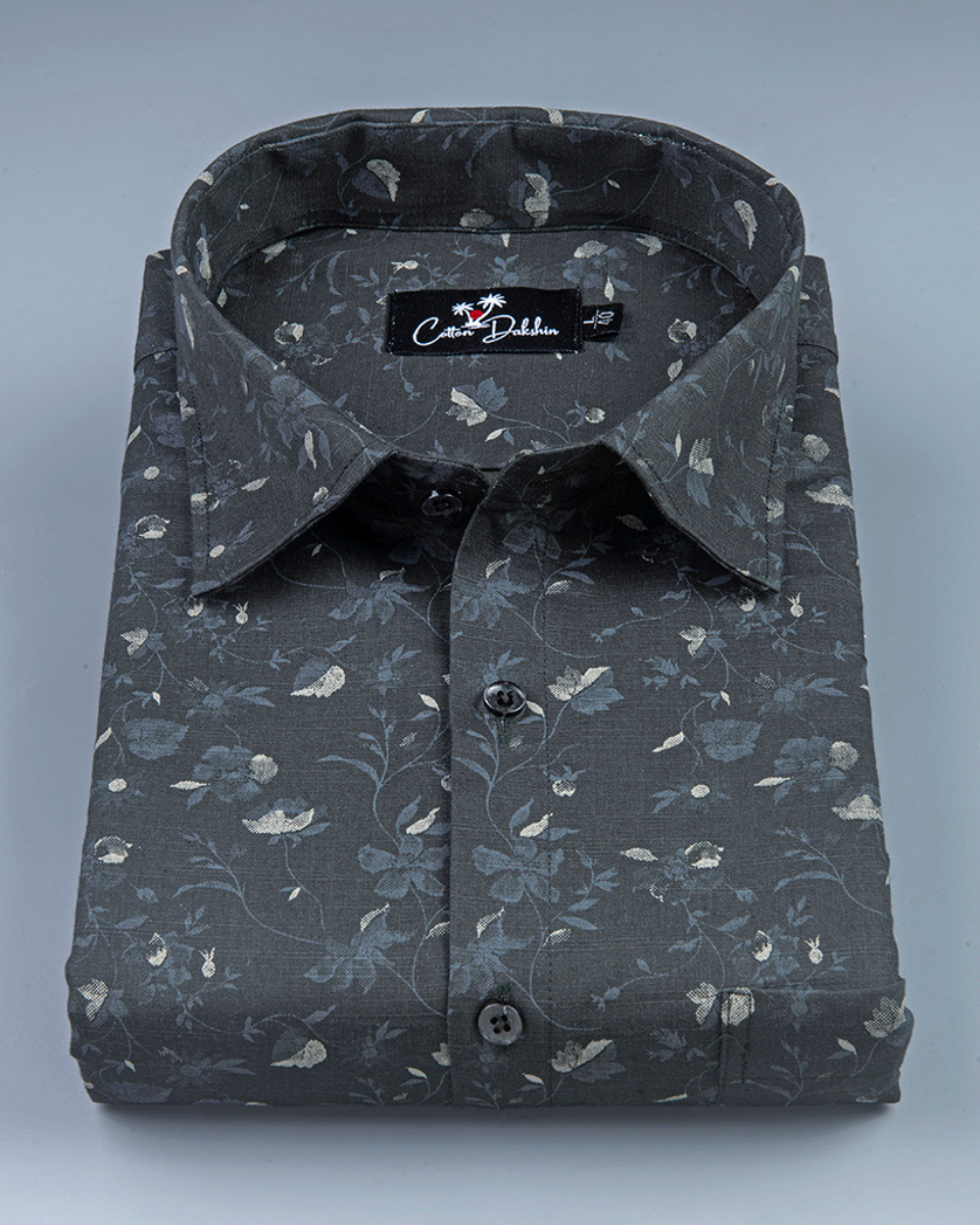 Linen Black with Cream Flower Print Shirt for Men