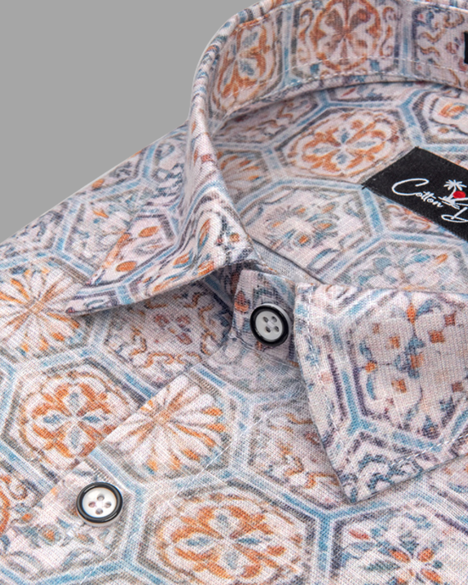 Italian Linen Gray With Hexagon Print Shirts