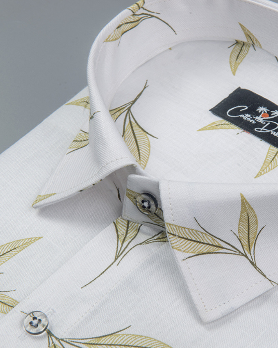 Turkey Linen White with Mahendi Leaf Printed Shirts for Men