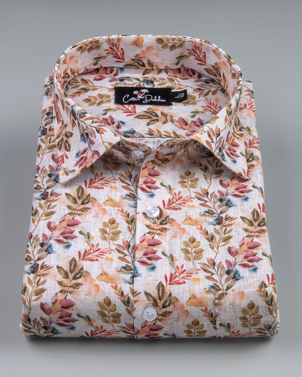 Belgium Linen Marrun Multicolour Flower Print Shirts for Men