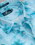 Italian Linen Sky Blue With Dark Blue Print Shirts