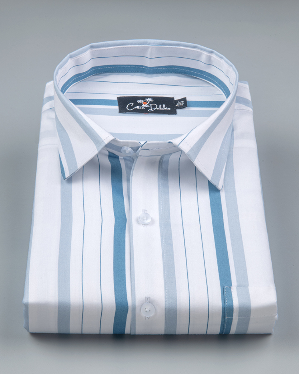 Cotton White with Sky Blue Patta Print Shirts for Men
