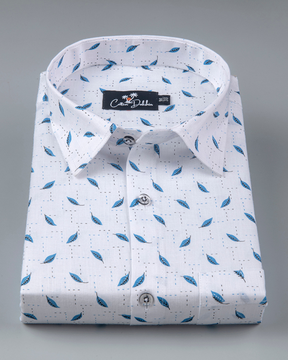 Turkey Linen White with Blue Blend Print Shirts for Men