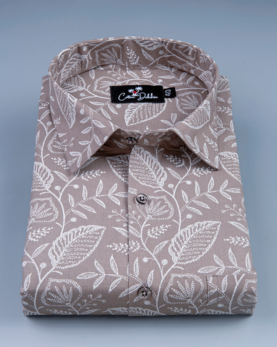 Linen Marrun with White flower Print Shirts for Men