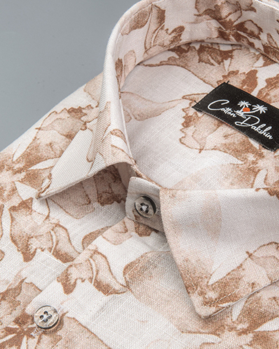 New Italian Linen White Marrun Flower Print Shirts for Men