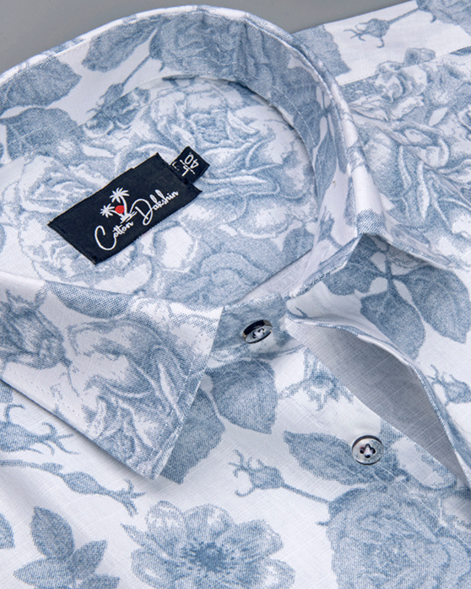 Linen White with Large Sky flower Print Shirts for Men