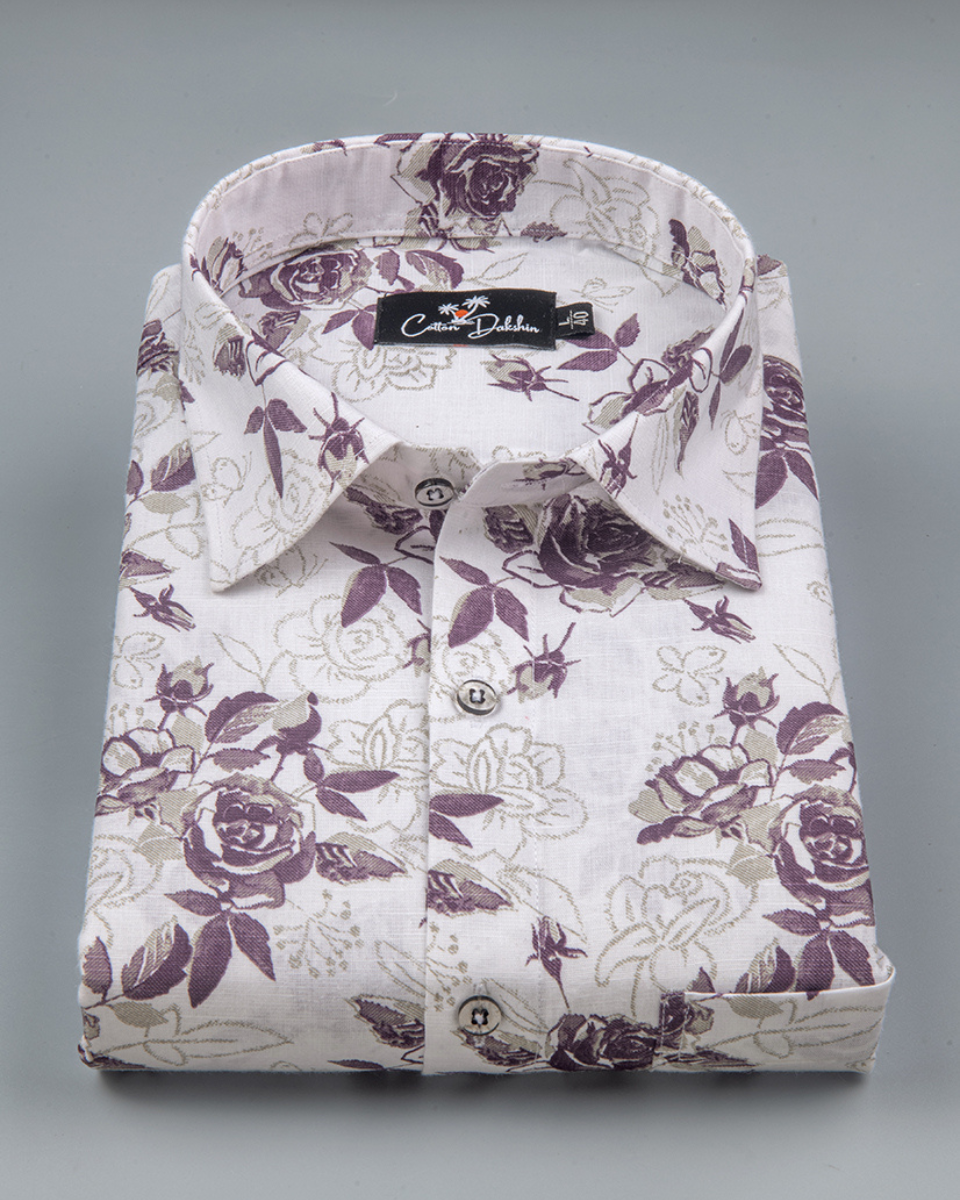 Gloster Linen White with Wine Flower Print Shirts for Men
