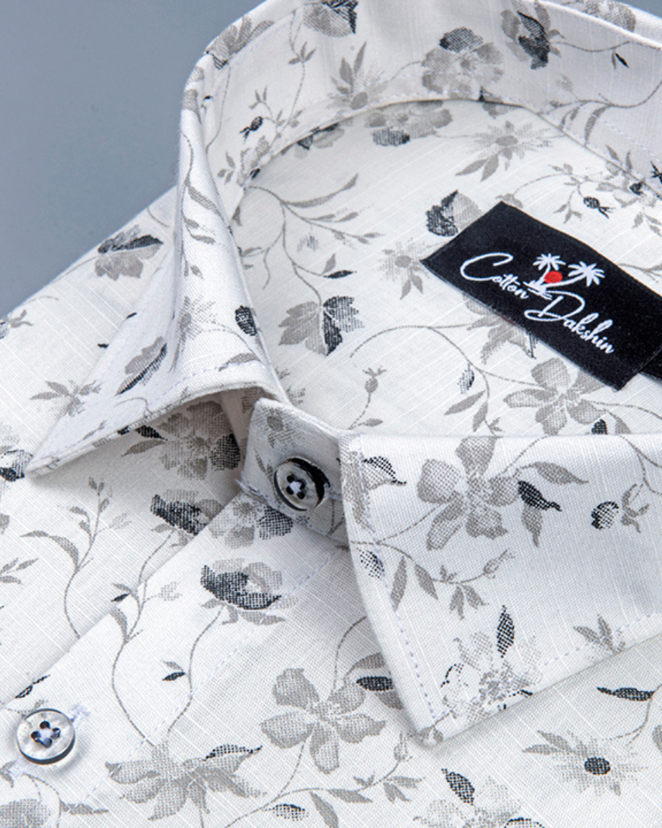Linen Cream with Black Flower Print Shirt for Men