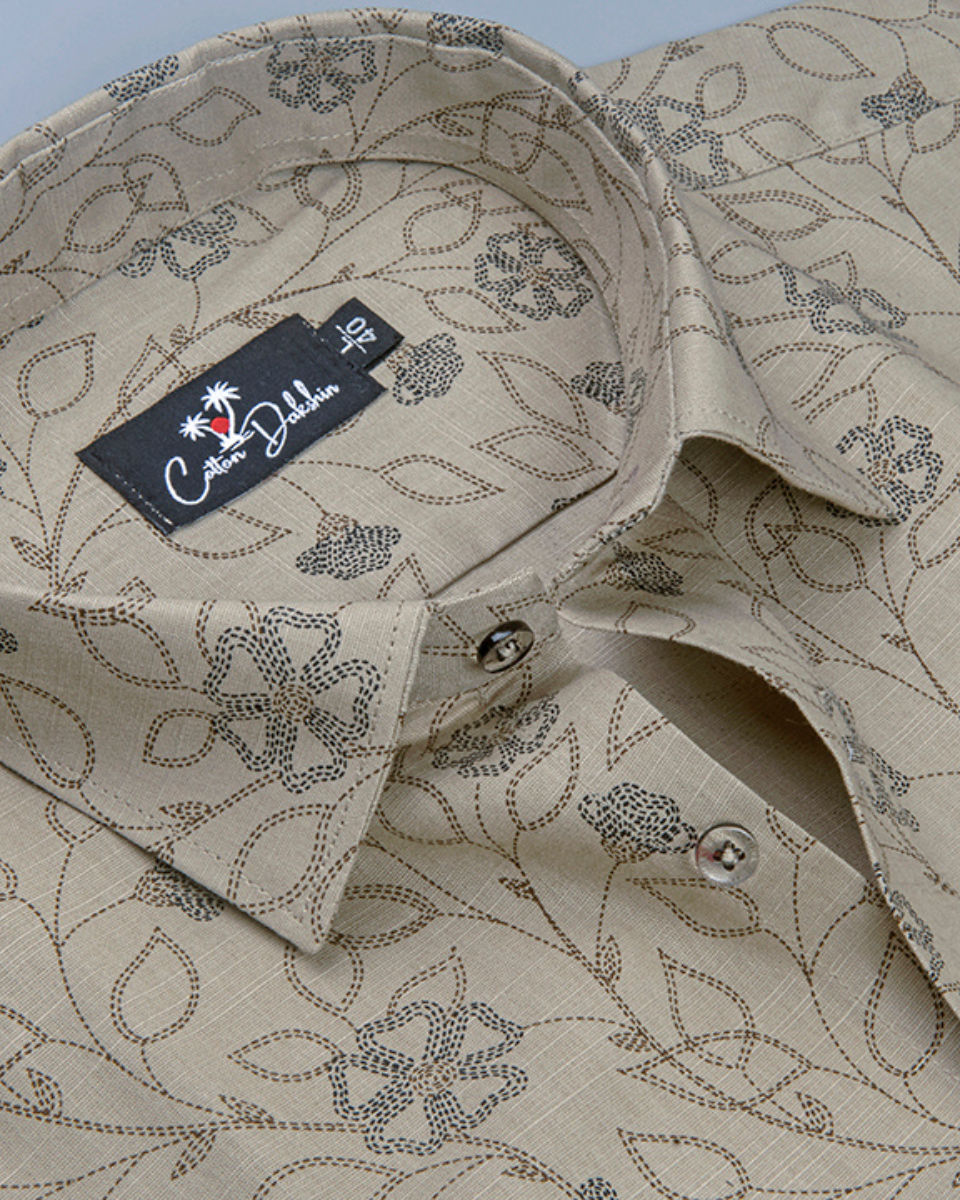 Linen fone with Black Flower Print Shirt for Men