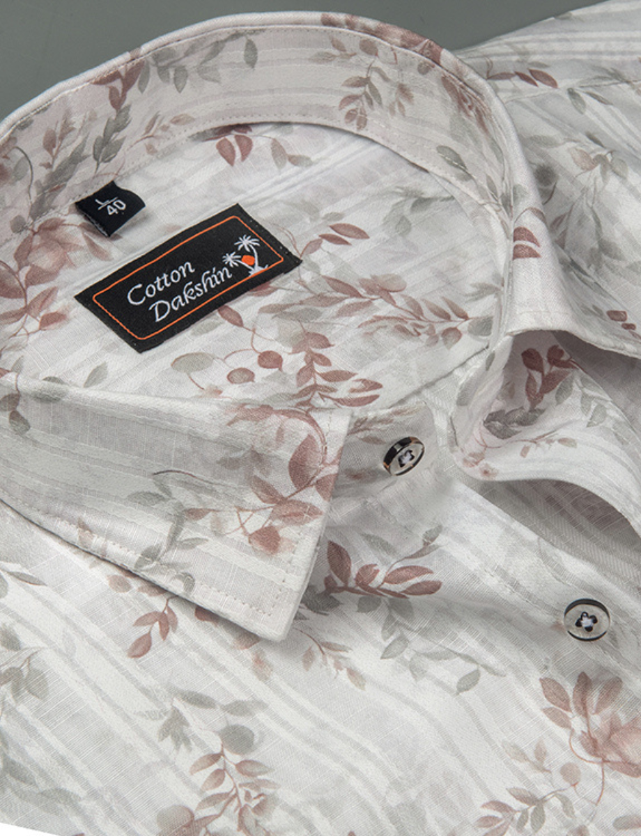 Cotton Printed White with Marrun Leaf Print Shirts for Men