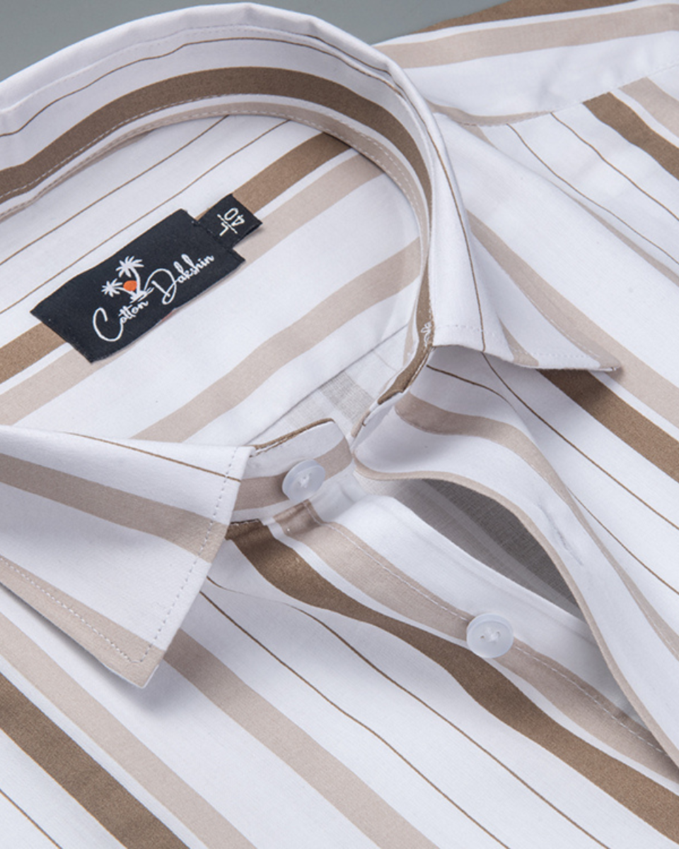 Cotton White with Brown Patta Print Shirts for Men